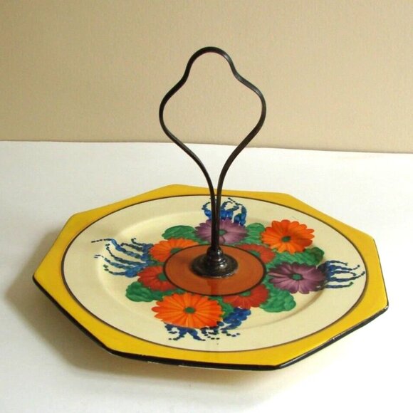 Clarice Cliff Gayday Octagonal 7.5" Cake Plate with Handle Floral 1930s Antique - Picture 1 of 11